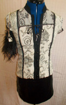 size10 ivory/pattern sections blouse, button front&amp; lace, ribbon detailing - £21.04 GBP