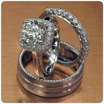 2.5Ct Round Cut Diamond 14k White Gold Over Men Women Trio Engagement Ring Set - £100.05 GBP