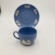 Wedgwood England Blue Jasper Ware Teacup &amp; Saucer Greek Scene Cherub - $67.50