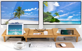 Multifunctional Bamboo Dual Monitor Stand with 3 Shelf, Desktop Storage Organize - £43.25 GBP