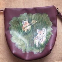 Hand Painted Art On Small Maroon Purse Field Mice Woodland Critters Sign... - $74.25