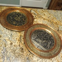 Vtg Persian Hand Hammered Copper Tinned Decorative Wall Hanging Plate Lot of 2 - £87.04 GBP