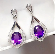 4Ct Oval Cut Simulated Amethyst Drop &amp; Dangle Earrings 14K White Gold Plated - £59.18 GBP