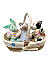 Vintage Chrisha Playful Plush Animals Pig Bunny Cow Stuffed Animals in Basket - $19.53