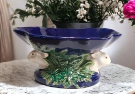 Majolica Pottery Blue w/White Rabbits Pedestal Bowl Centerpiece READ DESCRIPTION - £28.86 GBP