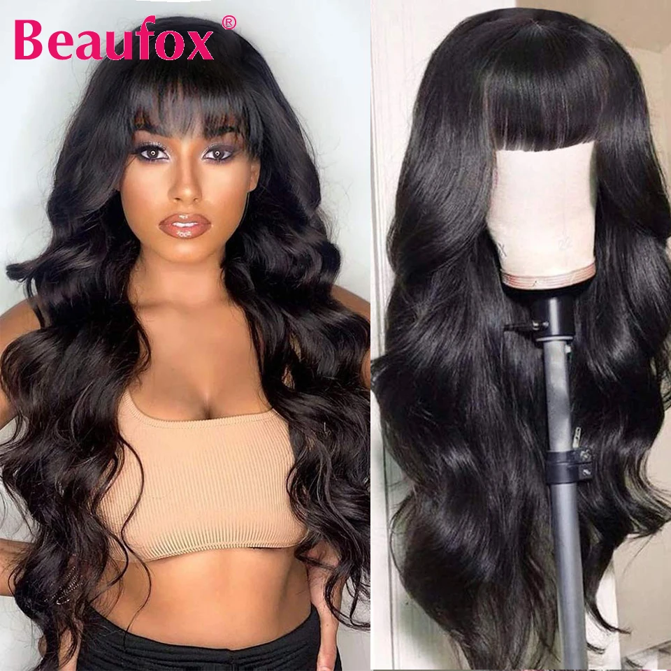 Beaufox Body Wave Human Hair Wigs With Bangs Malaysian Remy Human Hair Wigs F - £65.29 GBP+