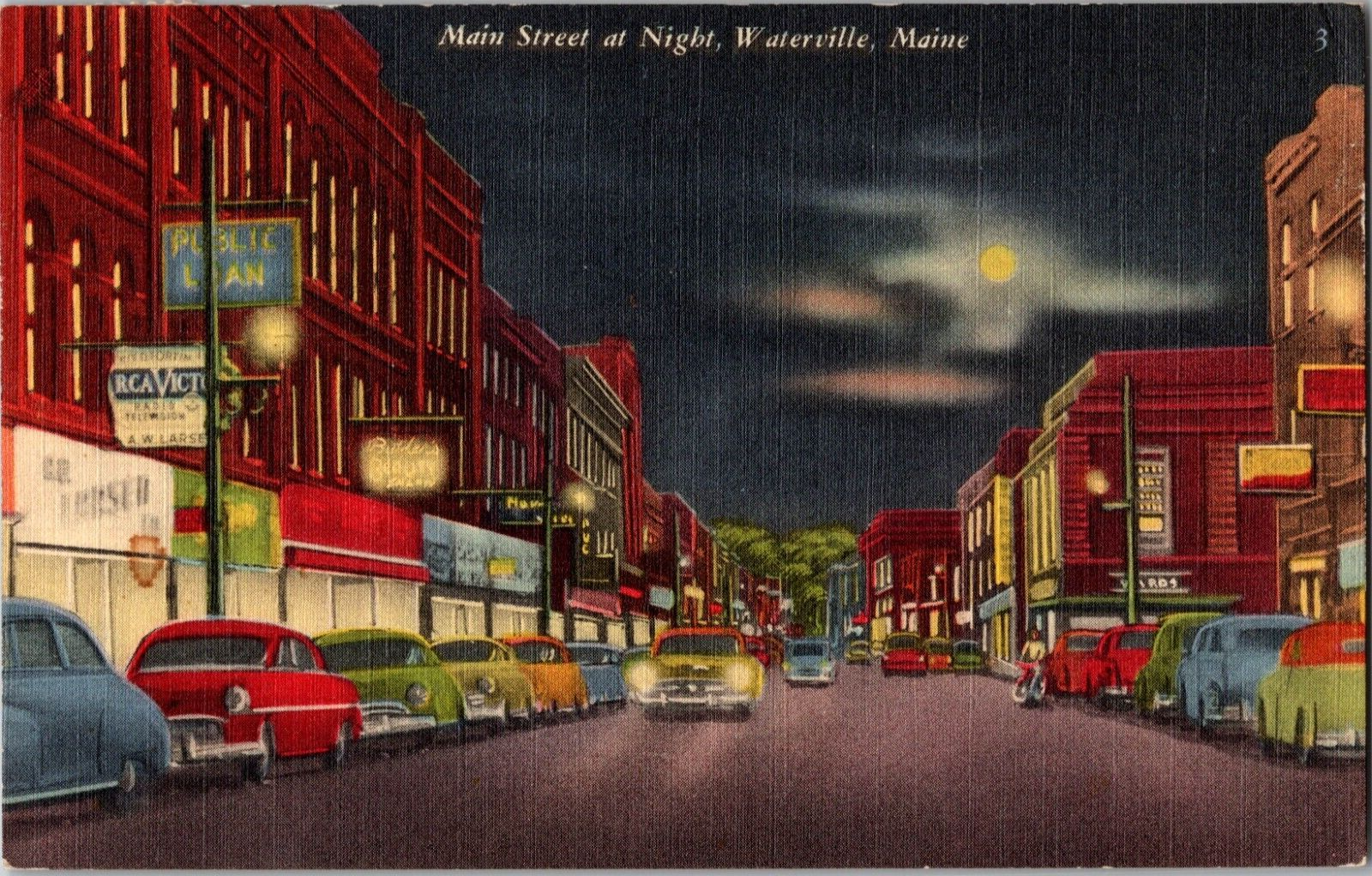 Primary image for Vtg Postcard Main Street at Night, Moonlight, Cars, Waterville Maine, PM 1957