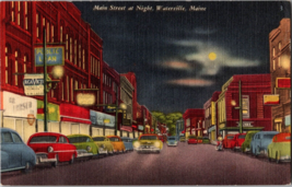 Vtg Postcard Main Street at Night, Moonlight, Cars, Waterville Maine, PM 1957 - £5.36 GBP