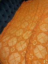 Vintage 1960s Afghan Handmade Crochet Blanket Orange Coverlet 3D 82 In X 82 In - £45.77 GBP