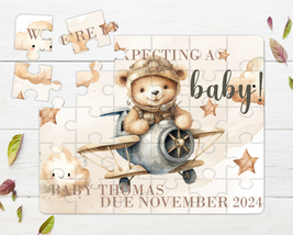 Teddy Bear Flying 30pce Wooden Puzzle, Baby Announcement - $35.99