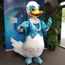 Cyan Swans mascot costume character dressed with a Trousers and Necklaces - $1,319.00