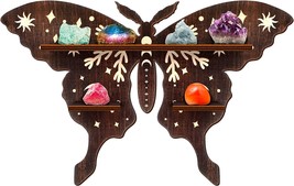 Yulejo Crystal Shelf Display Rustic Wooden Cat Moon Shelves Moth Hamsa, Moth - £33.85 GBP