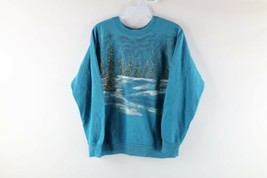 Vintage 80s Streetwear Womens Large Distressed Christmas Nature Sweatshirt Blue - £31.20 GBP