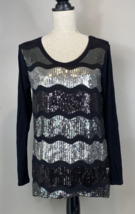 Monamie USA Long Sleeve Sequin Sparkle Black Gold Silver Holiday Top Size Small - £11.08 GBP