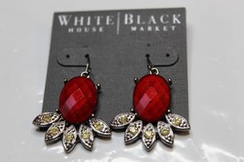 White House Black Market French Wire Metallic Dangle Earrings Red Gemstones - £13.99 GBP