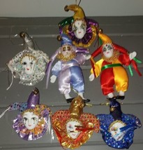 Vintage Mardi Gras Harlequin Jester Magnet Ornament Porcelain Doll Head Lot of 7 - £35.54 GBP