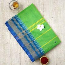 ISHA LIFE Handwoven lime green consecrated cotton saree with a royal blue border - £46.54 GBP