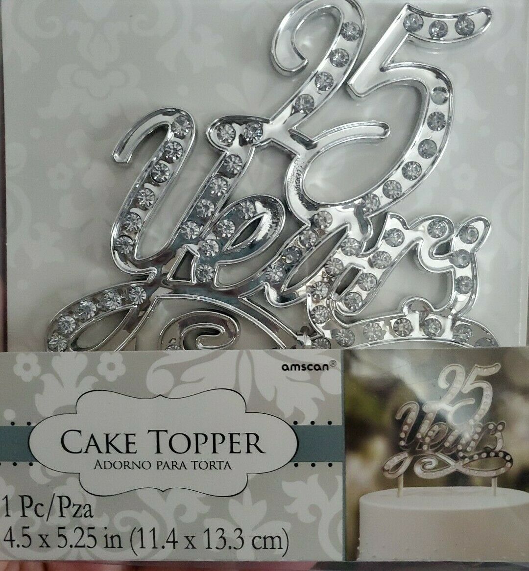 Crystal Rhinestone Silver Cake Topper "25 YEARS" - 4.5" x 5.25" - NEW IN PKG! - £5.85 GBP