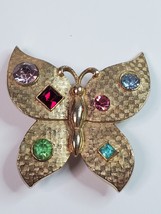 Butterfly Pin Brooch Textured Goldtone Colorful Rhinestones 2 in Vintage - $12.82