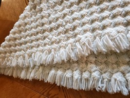 Vintage Hand Knit Crocheted Baby Blanket Afghan White 36&#39; x36&#39;&#39; Boy Girl fringe - £14.24 GBP