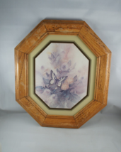 Vintage Octagon Framed Butterfly Flowers Floral Print Matted 15x13 Glass Wood - £19.10 GBP