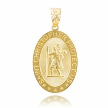 14K Solid Yellow Gold St. Saint Christopher &quot;Protect Us&quot;  Pendant Necklace - £168.87 GBP+