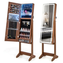 Lockable Jewelry Armoire Standing Cabinet with Lighted Full-Length Mirror-Walnut - £104.71 GBP