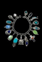 Navajo Sterling Silver Turquoise Gaspeite Lapis Coral Multi Stone Charm Bracelet - $549.99