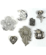 Vintage Brooch Lot Flower Rose Pearl Heart Moon Silver Tone  - €29,18 EUR