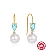 925 STERLING SILVER BLUE WATER DROP STONE PEARL WOMEN HOOK EARRINGS - GO... - $19.99
