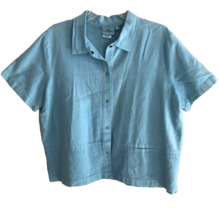 Hot Cotton Short Sleeve Shirt Size XL Aqua Waffle Knit Woven Snaps Lagenlook - £27.96 GBP