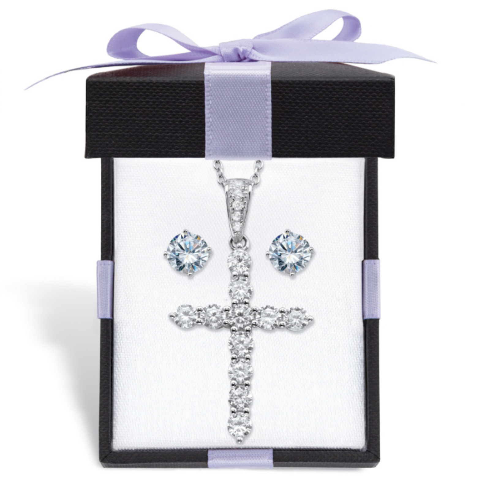 Primary image for ROUND CZ STUD EARRINGS CROSS NECKLACE SET STERLING SILVER WITH GIFT BOX