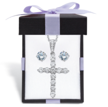 ROUND CZ STUD EARRINGS CROSS NECKLACE SET STERLING SILVER WITH GIFT BOX - £80.12 GBP
