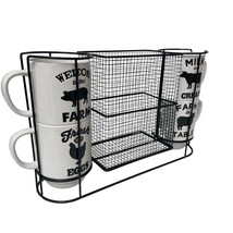 Boston Warehouse 4 Mug Set Stack Wire Basket Farm Fresh Cow Rooster Pig Sheep - $19.66