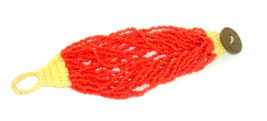 Vintage Bracelet Orange Strand Seed Bead Cuff Crochet Boho Hippy Retro handmade - £7.90 GBP