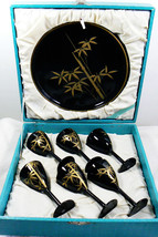 VTG black lacquer Bamboo design gold on black lacquer set of 6 goblets tray Box - £56.69 GBP