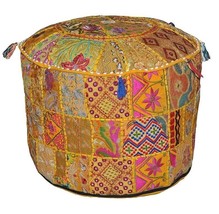 Ethnic Round Soft Ottoman Patchwork Embroidered Pouf Cover Bohemian 18&quot; Yellow - £22.56 GBP