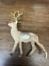 Vtg Large Reindeer Flocked Deer Figurine Christmas Plastic RUDOLF red nose MCM - £14.12 GBP