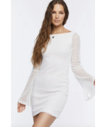 White Bell-Sleeve Crochet Bodycon Mini Dress women&#39;s MEDIUM wedding brid... - £23.72 GBP