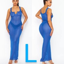 Sexy Blue Cover Up See Through Maxi Dress ~ Size L - £30.36 GBP