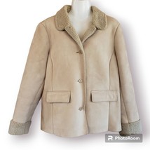 Cream Sherpa Lined Jacket Coat Faux Suede sz L - £39.56 GBP