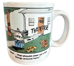 The Far Side Mug Gary Larson 1987 &quot;The Mug&quot; The Dog Cat Door House Tree Vintage - £19.41 GBP