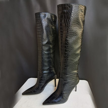Xy crocodile pattern knee high boots 2021 new autumn winter high heel pointed toe green thumb200