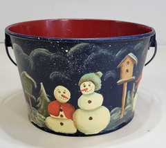 Handpainted Enamelware Berry Bucket Pail Snowmen Christmas Season Winter - £25.60 GBP