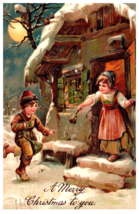 Postcard Embossed Merry Christmas Girl Rings Bell Boy Running In Snow Moon 1908 - £8.61 GBP