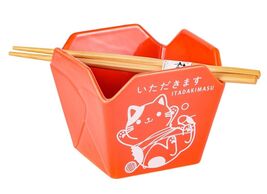 Orange Itadakimasu Lucky Cat Takeout To Go Box Serving Bowl With Chopsti... - $18.99