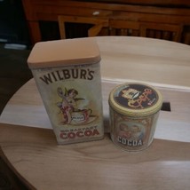 Lot of 2 Vintage Cacao Cocoa Collectible Tins Wilbur&#39;s 7&quot; &amp; Van Houten&#39;s 4&quot; GUC - $21.51