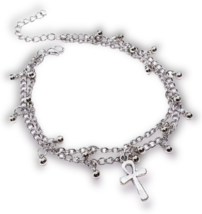 Ankh Ankle Bracelet Beaded Anklet Double Chain Foot Jewellery Silver Tone - £6.07 GBP