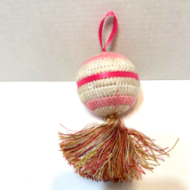 Vintage Handmade Crocheted Christmas Ball Ornament Tassel Pink White 6 inches - £9.90 GBP