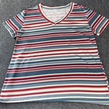 Loanna Women’s 1X Short Sleeve Striped Shirt V-Neck Cotton Spandex Tops - $11.98